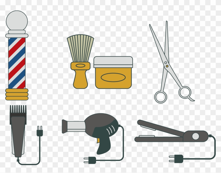 Barber shop tools including pole, clippers, hairdryer, scissors, brush, pomade, and straightener on transparent background.