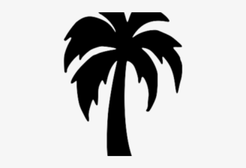 Black silhouette of a stylized palm tree with fronds against a white background.