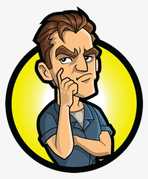 Cartoon man with thoughtful expression, hand on chin, yellow radial background in black circle.