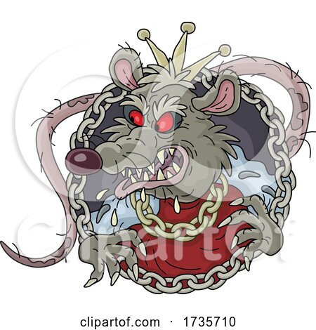 Fierce cartoon rat king with red eyes, crown, and chains, wearing a torn red shirt and snarling aggressively.