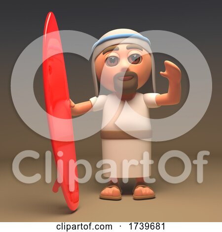 Cartoon ancient Middle Eastern man in white robe holding a red surfboard, smiling and gesturing.