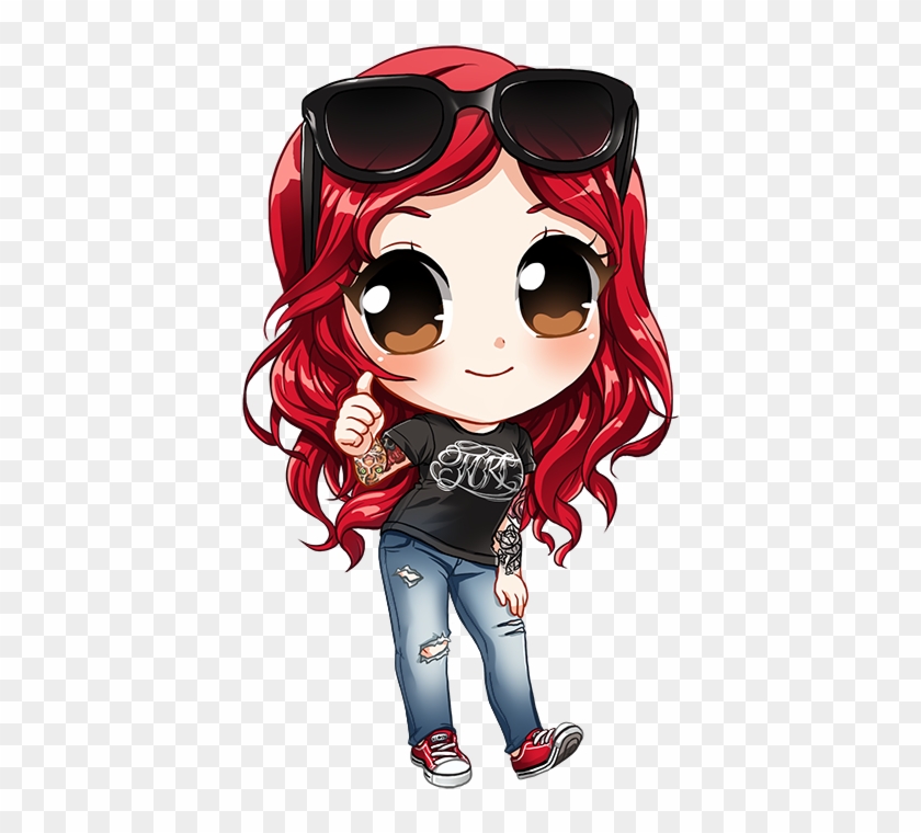 Chibi-style red-haired girl with sunglasses, tattoos, ripped jeans, and a black band tee giving a thumbs-up.