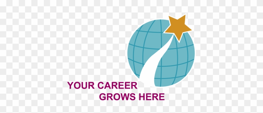 Blue globe with grid lines, white upward path, and gold star; text reads "YOUR CAREER GROWS HERE"