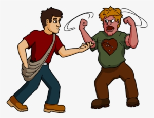 A cartoon of two men in a tense confrontation; one calm with satchel, the other angry with heart symbol on shirt, fists raised.