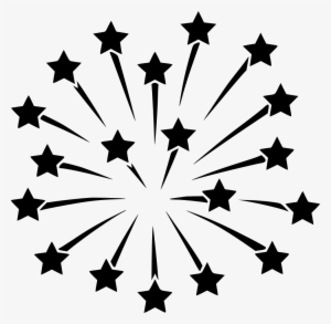 Black starburst fireworks illustration with radiating stars and trails on white background.