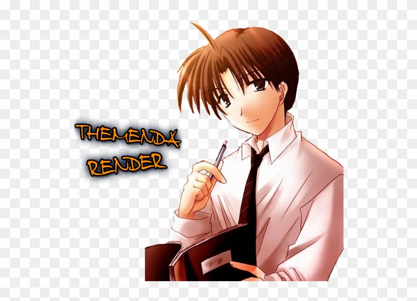 Anime-style male character in white shirt and tie, holding pen and notebook, with "THEMENDX RENDER" text overlay.