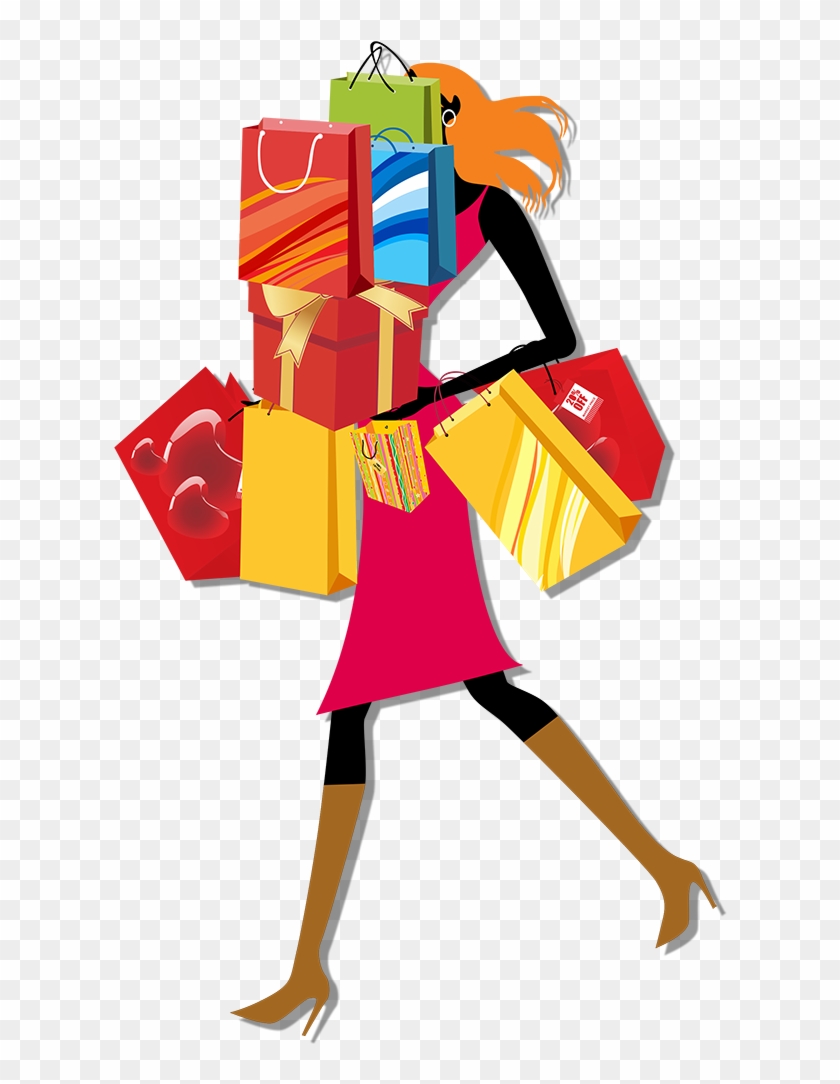 Stylish woman with vibrant orange hair walking while carrying many colorful shopping bags and gift boxes.