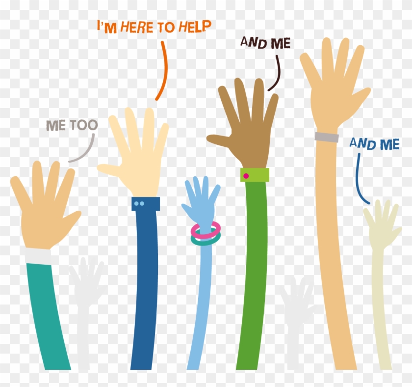 Six diverse hands raised with supportive text like "I'm here to help" and "Me too", symbolizing teamwork and inclusion.