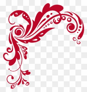 Red ornamental flourish corner design with swirling floral motifs and dots on transparent background.