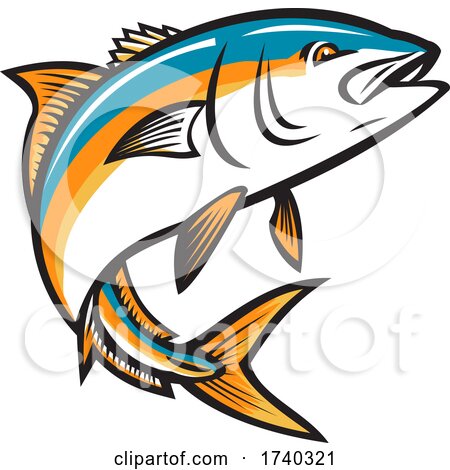 Stylized illustration of a leaping fish with vibrant blue, orange, and white stripes, sharp fins, and open mouth.