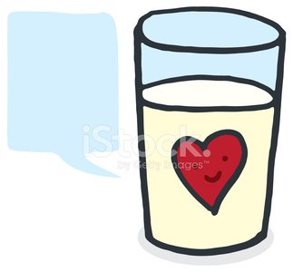 A glass of milk with a smiling red heart inside, next to an empty speech bubble.