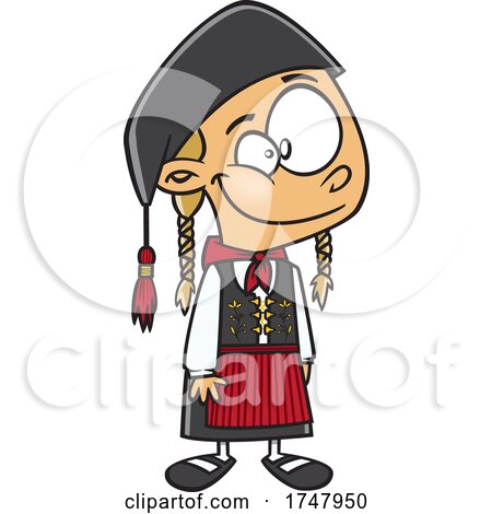 Cartoon girl in traditional folk costume with black hat, braids, and red skirt smiling playfully.