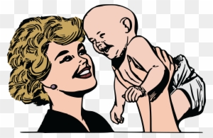 Smiling woman with vintage curls holding a laughing baby in a diaper, illustrated in retro comic style.