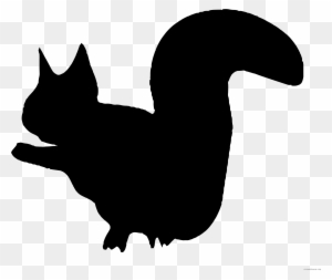 Black silhouette of a squirrel in mid-leap, tail curled upward, front paws extended forward.