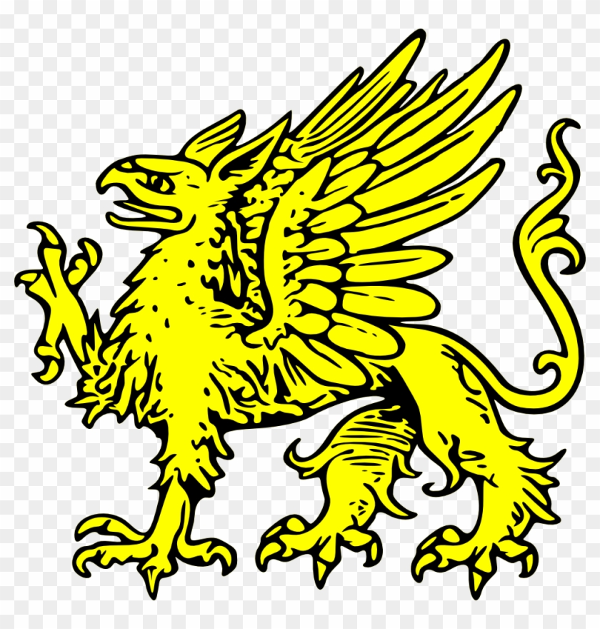 Yellow heraldic griffin with eagle head, lion body, wings spread, and raised foreclaw on transparent background.
