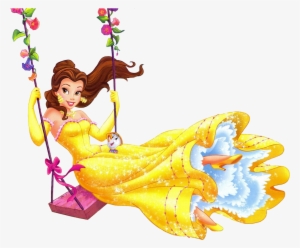 Belle in her iconic yellow gown joyfully swinging on a floral vine swing.