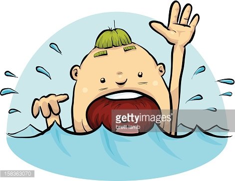 Cartoon man with green hair and wide-open mouth struggling in water, waving for help.