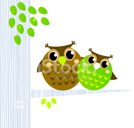Two cartoon owls-one brown, one green-perched together on a branch with leafy accents.