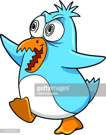 Cartoon blue penguin with spiky hair, wide eyes, and sharp teeth, mid-stride in a playful or startled pose.