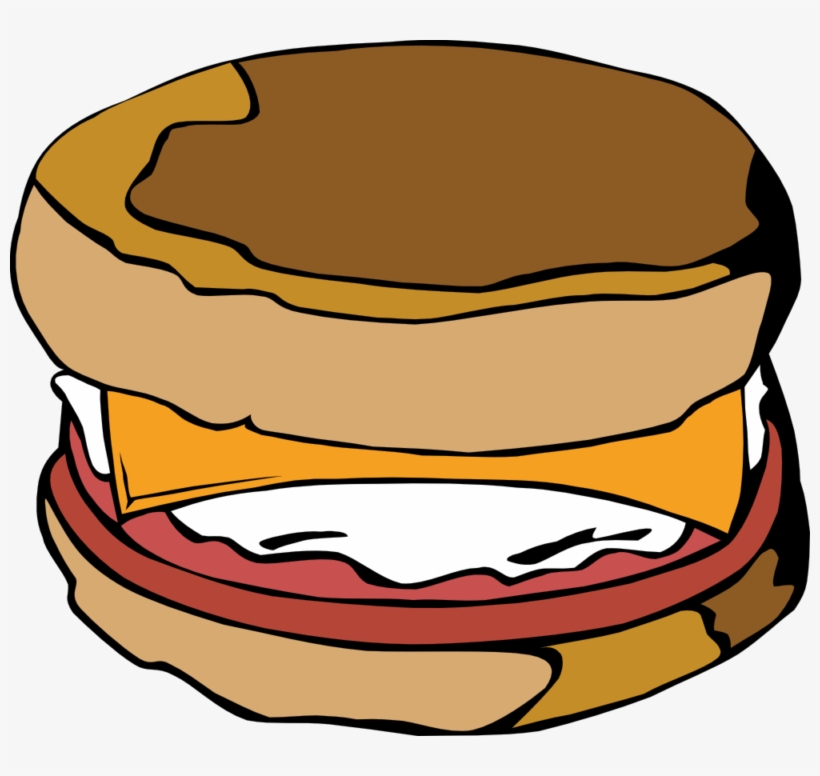 Cartoon-style breakfast sandwich with egg, cheese, ham, and English muffin.