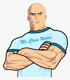 Muscular bald man in light blue "Mr. Clean Water" t-shirt, arms crossed, confident pose.