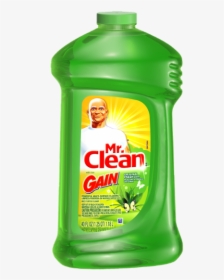 Green Mr. Clean Gain multi-surface cleaner bottle with aloe vera and lemon scent branding.