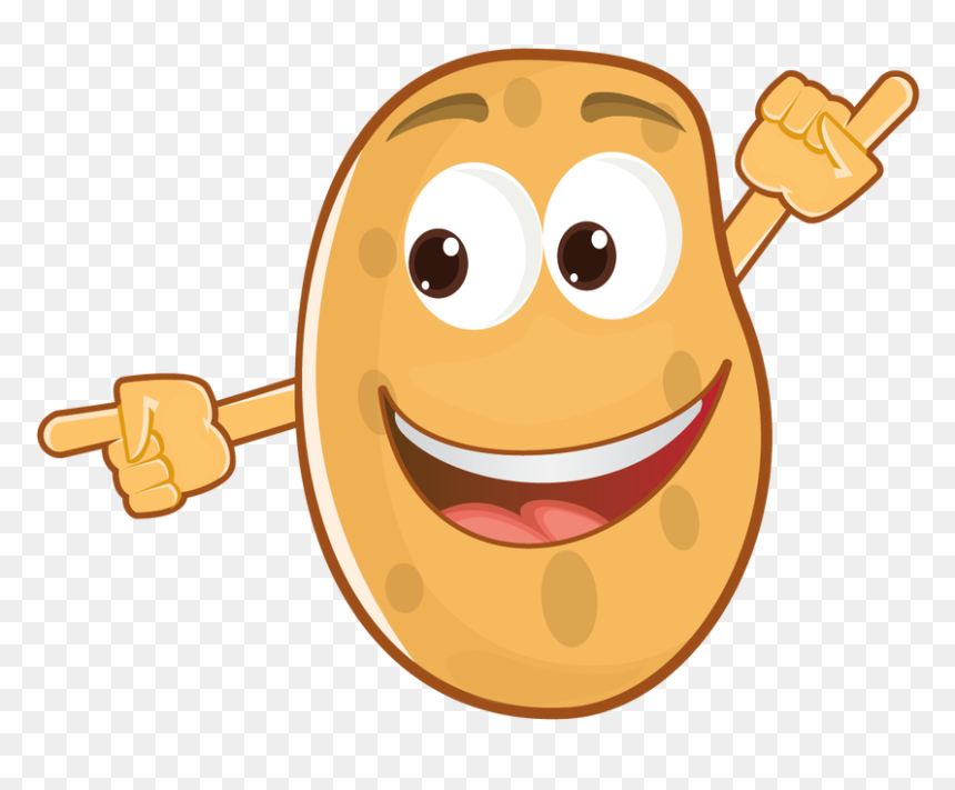 Cheerful cartoon potato character pointing with both hands, smiling broadly with big eyes and brown spots.