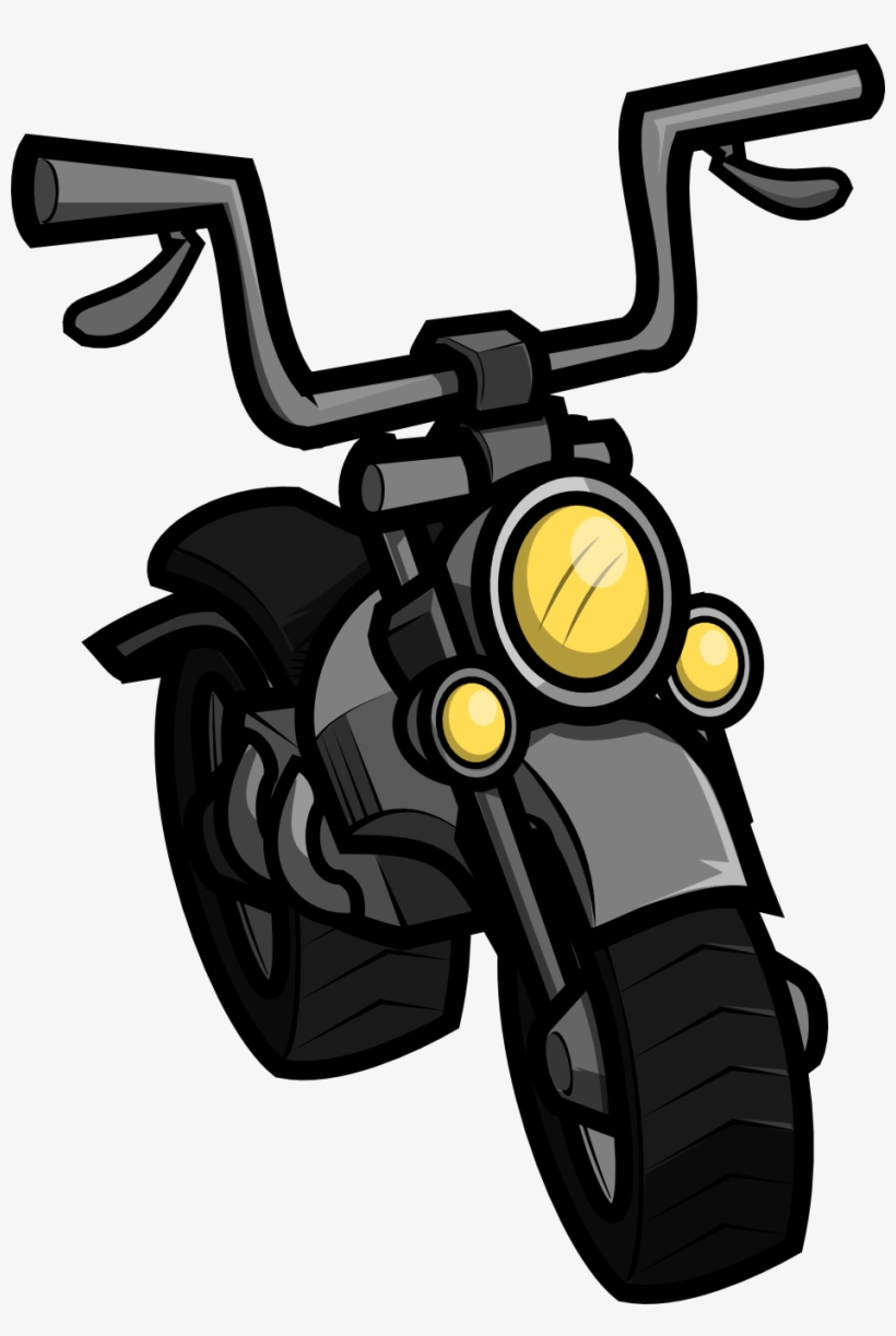 Cartoon-style black motorcycle with yellow headlights and high handlebars, front view.