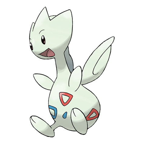 A white, bipedal Pokémon with red and blue markings, large ears, and a playful expression-Togekiss’s pre-evolution, Togetic.