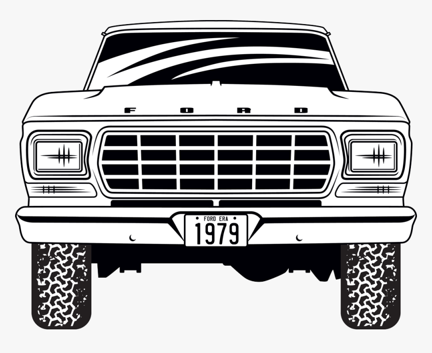 Front view line-art illustration of a 1979 Ford pickup truck with bold grille, round headlights, and rugged tires.