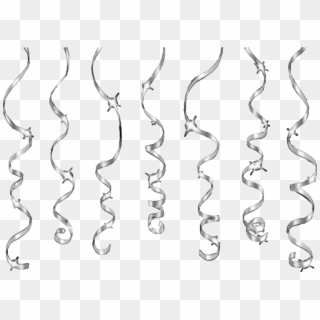 Silver curly ribbons. Serpentine on white transparent background