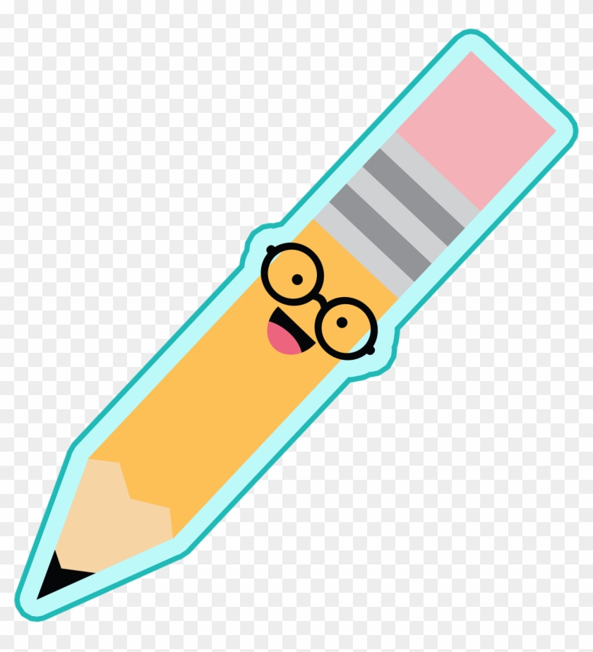 Cheerful cartoon pencil with glasses, pink eraser, and smiling face on transparent background.