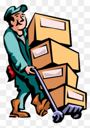 Delivery worker in green uniform pushing a hand truck loaded with stacked cardboard boxes.