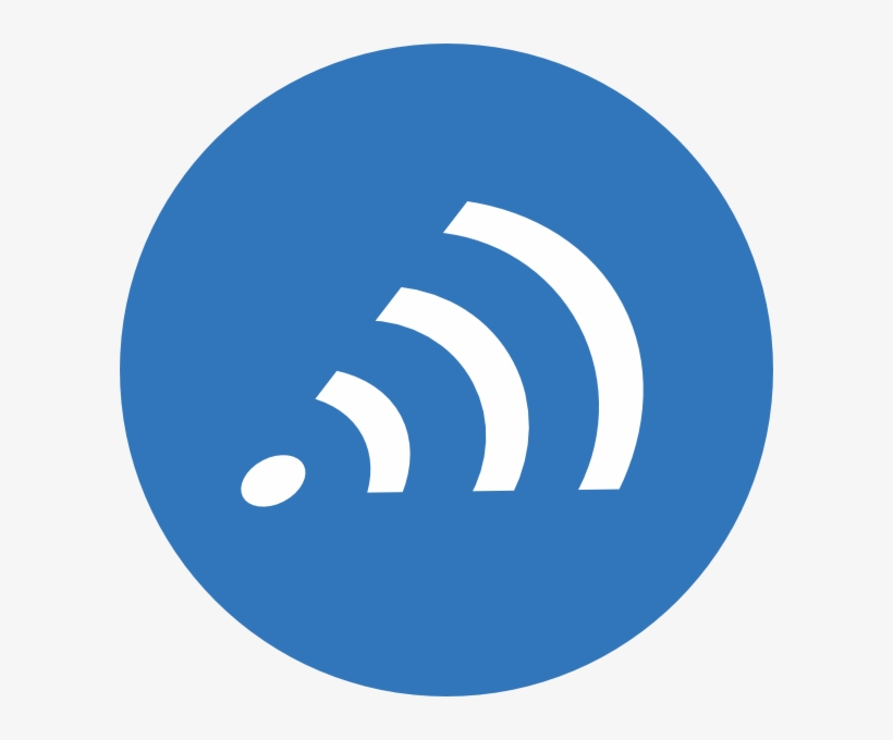Blue circular icon with white RSS feed symbol representing content syndication.