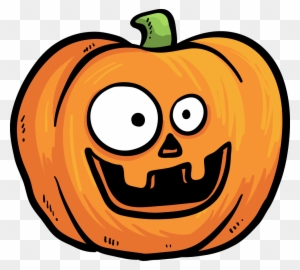 Cartoon Halloween pumpkin with wide eyes and a toothy grin, green stem, orange textured skin.