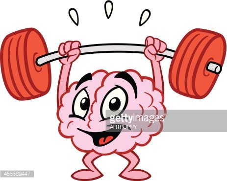 A cheerful cartoon brain lifting a red barbell with effort, sweat drops above its head.