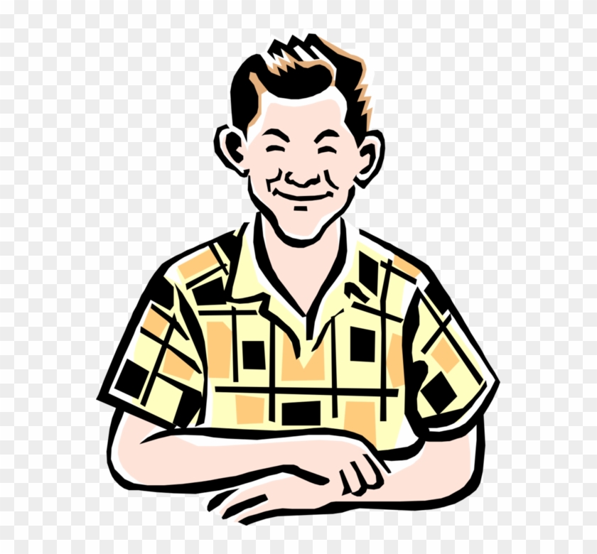 Smiling cartoon man in yellow patterned shirt with arms crossed, cheerful expression.