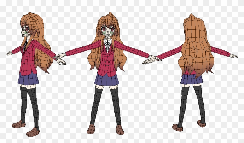 Wireframe 3D model of an anime-style girl in school uniform, shown front, side, and back views.