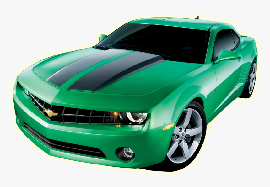 Vibrant green Chevrolet Camaro coupe with black racing stripes, silver alloy wheels, and sleek modern styling.