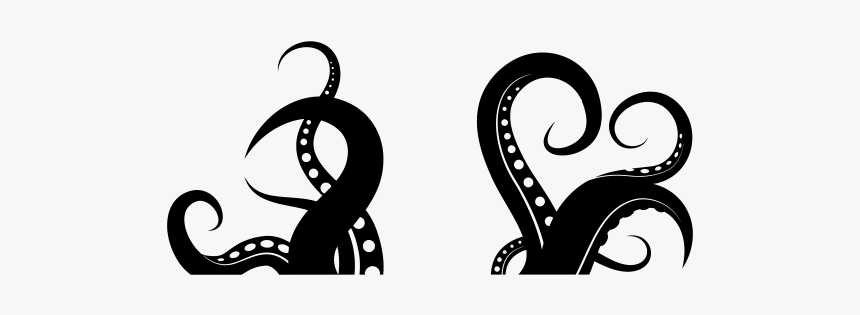 Two stylized black octopus tentacle illustrations with suction cups on a white background.