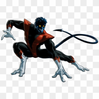 Nightcrawler, the blue-skinned teleporting mutant from X-Men, crouched in action pose with glowing yellow eyes and prehensile tail.