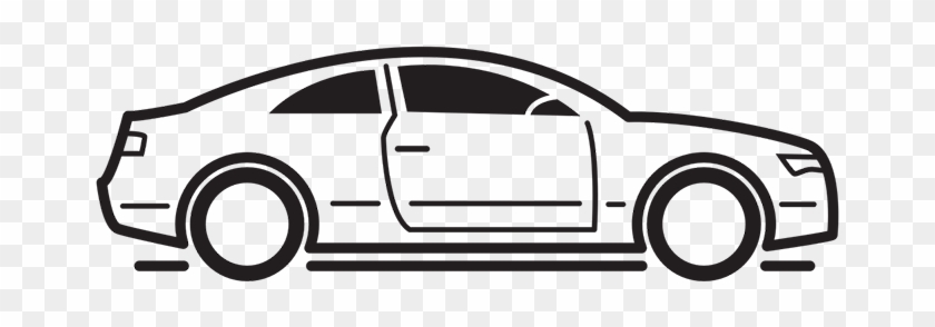 Black-and-white line drawing of a sedan with open driver-side door, viewed in side profile on transparent background.