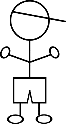 Simple black-and-white stick figure with round head, arms, rectangular torso, and circular hands and feet.