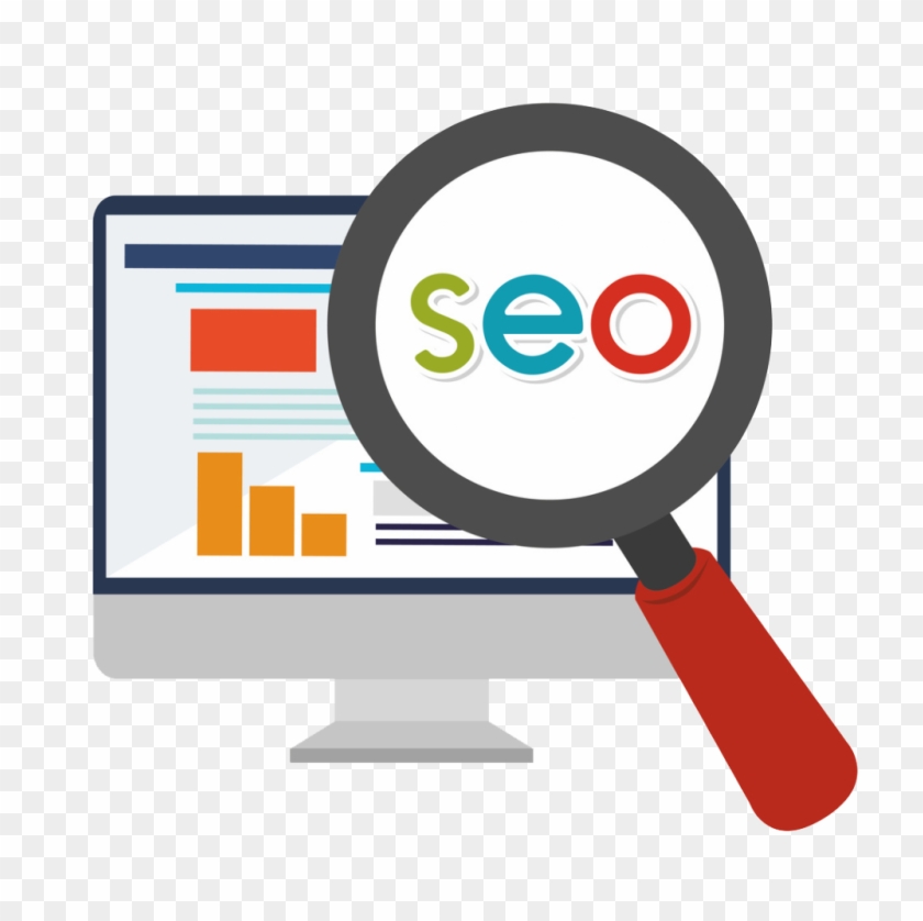 Magnifying glass highlighting "SEO" over a computer screen with analytics charts.