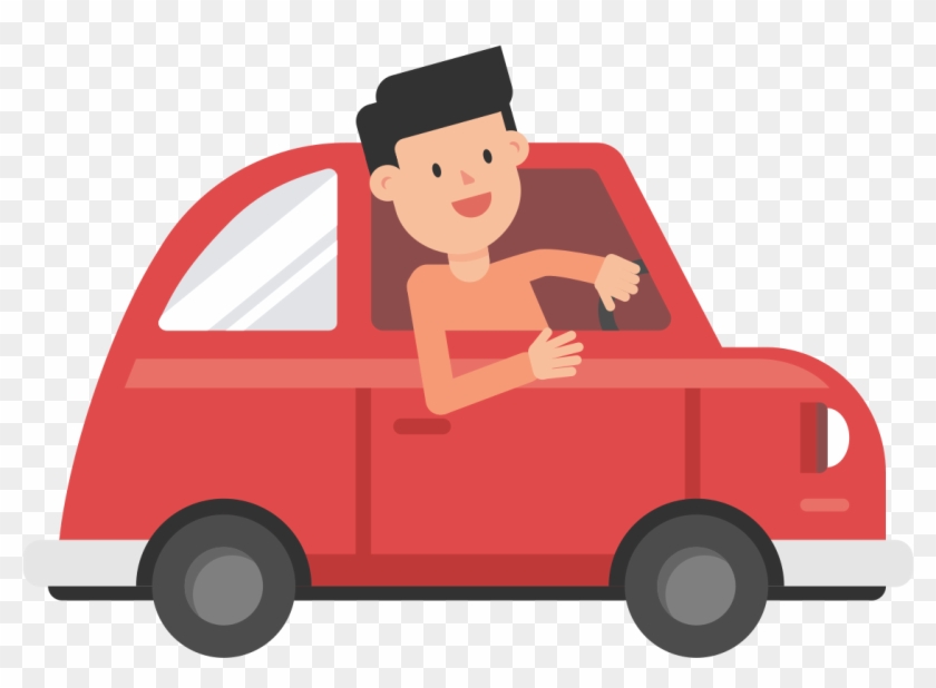 Smiling cartoon man driving a red car, waving from the driver’s seat.