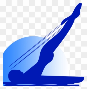 Blue silhouette of a person performing a Pilates leg stretch on a reformer machine against a gradient circle background.