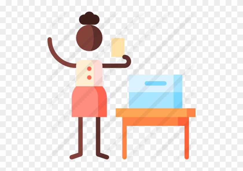 A woman in a pink skirt and cream top holds a card while standing beside a table with a blue ballot box.