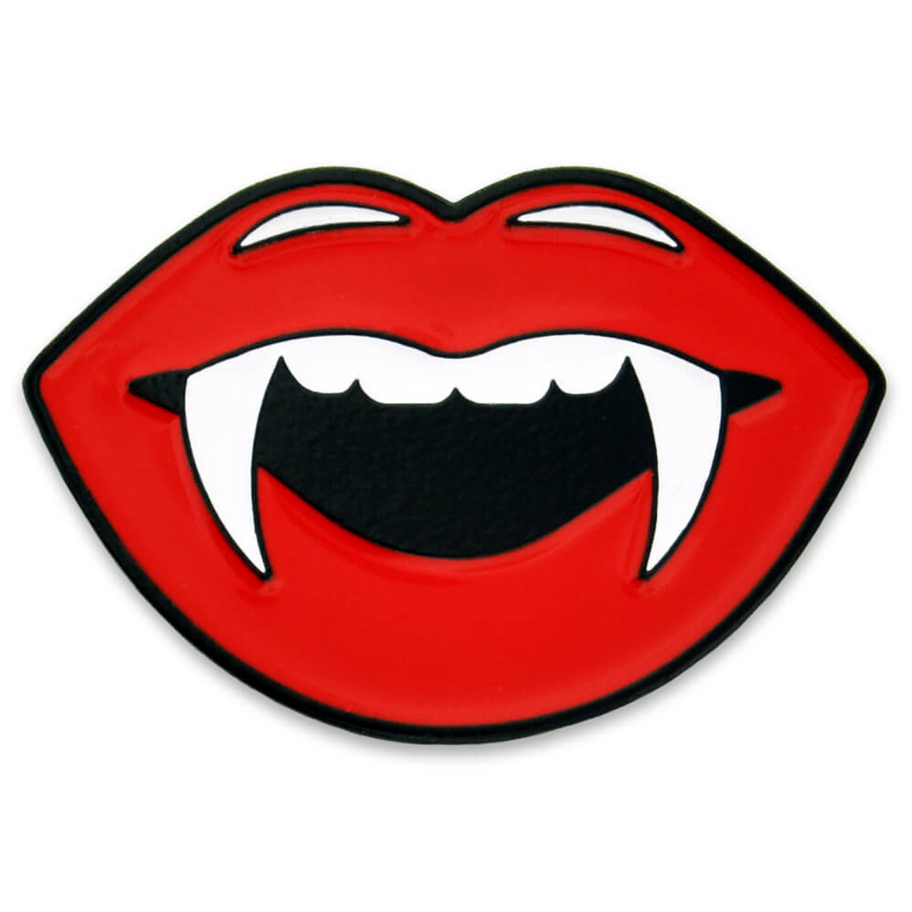 Red vampire lips with sharp white fangs and black outline, stylized cartoon design.