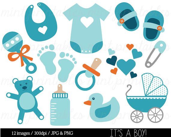 Baby boy-themed clipart set including onesie, bib, rattle, teddy bear, bottle, duck, stroller, and hearts in teal and orange.