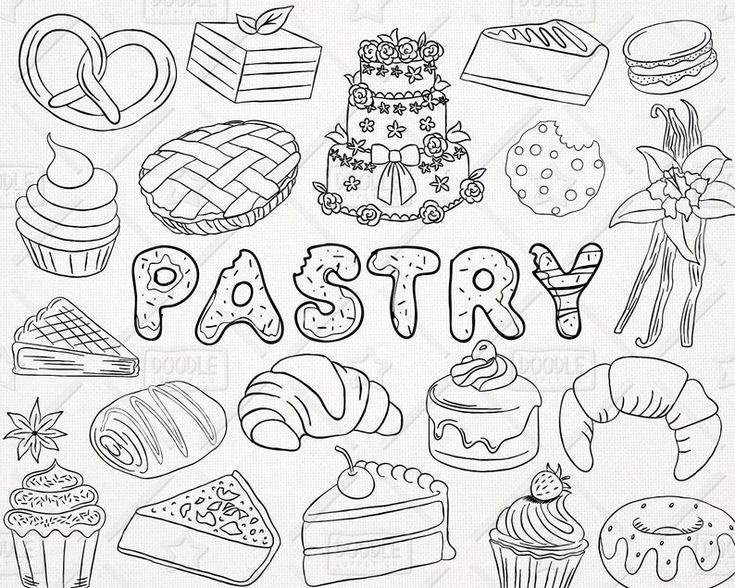 Black-and-white line drawing of assorted pastries, cakes, cookies, and desserts with the word "PASTRY" in stylized letters.